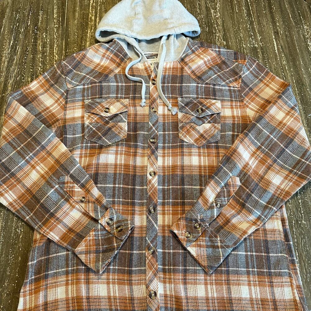 BKE Vintage Long Sleeve Flannel Hoodie Button Down Orange Gray Athletic Size XL